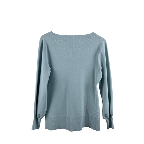 Lewit Women's Size Large Stretch Knit Balloon Bishop Sleeve V Neck Sweater Blue - Picture 8 of 10